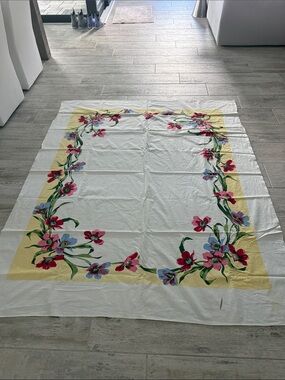 Vintage Floral Border Tablecloth or Fabric Panel in White, Yellow, Pink & Blue